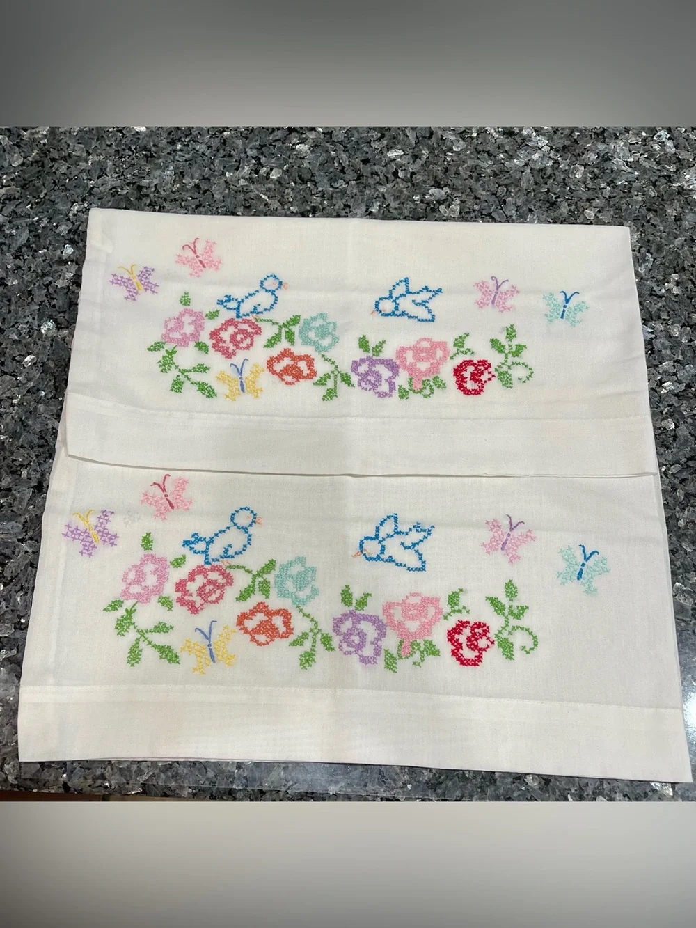 Handmade Needlepoint Floral Bluebird Butterfly Standard Pillowcase Pair